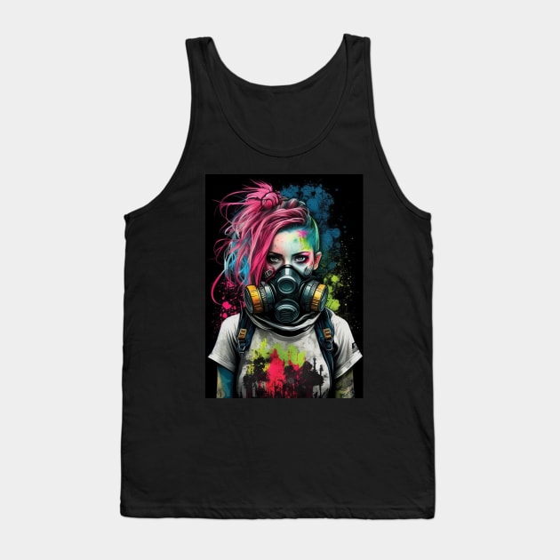 Punk Girl Wearing Gas Mask | Post-apocalyptic | Anarchist Streetwear | Punk Fashion | Colorful Punk Artwork | Tattoos and Piercings | Paint Splash Tank Top by GloomCraft